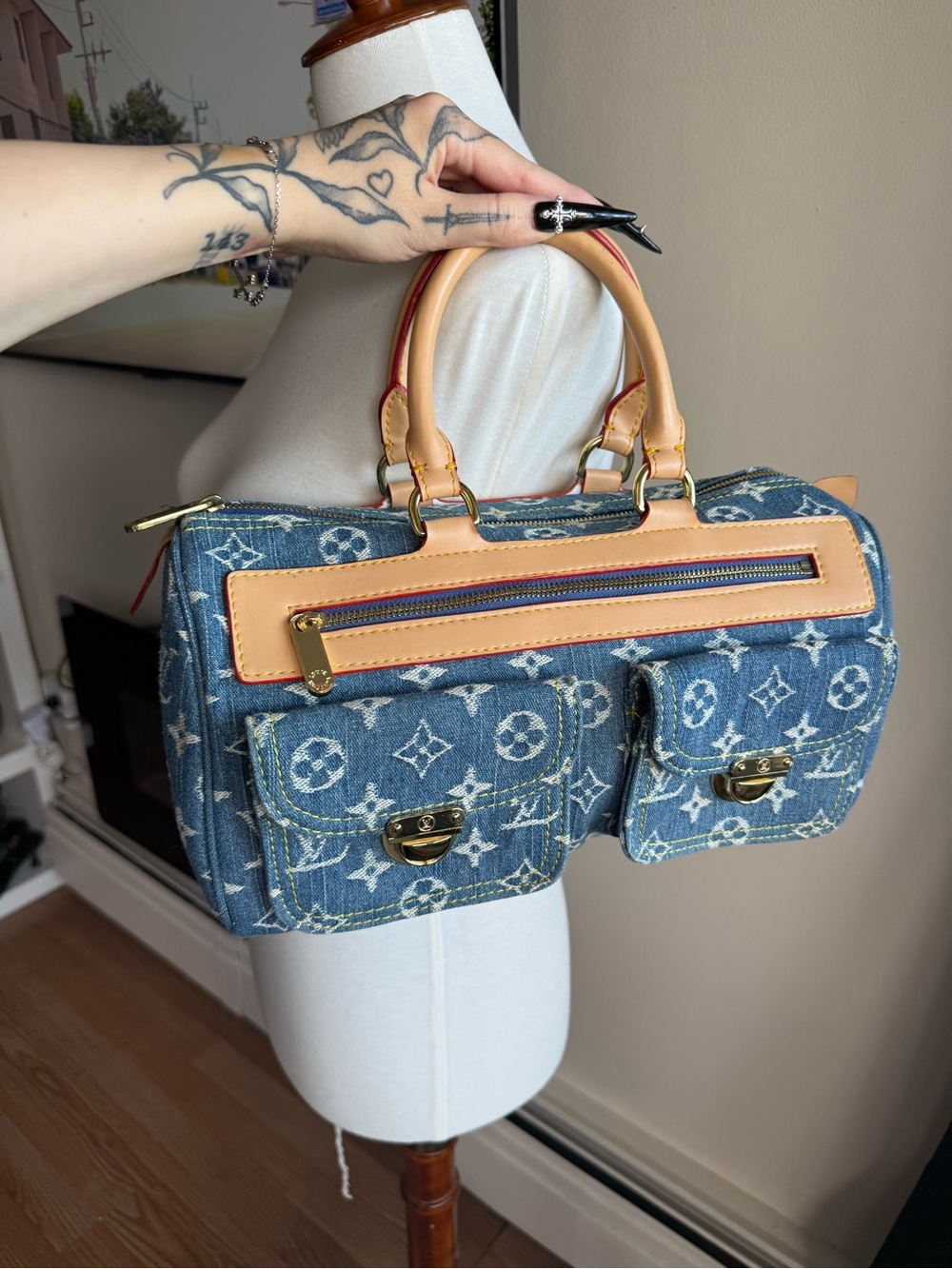 Designer-Inspired Denim Satchel Bag in Blue and Tan